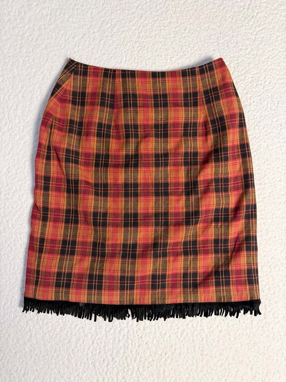 Jan Barboglio Plaid Wool Fringe Hem Skirt Size 6